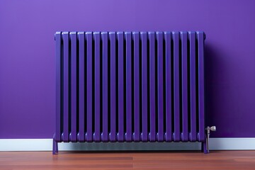 Purple radiator and blue wall with outlet in the Netherlands - obrazy, fototapety, plakaty
