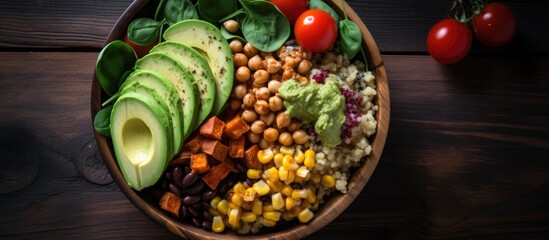 Nourishing vegan lunch bowl with avocado, quinoa, sweet potato, tomato, spinach and chickpeas. - obrazy, fototapety, plakaty