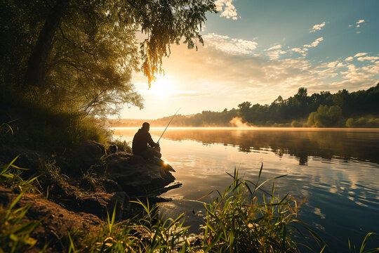 Elderly Man Enjoys Leisure Fishing at Lakeside Sunset
