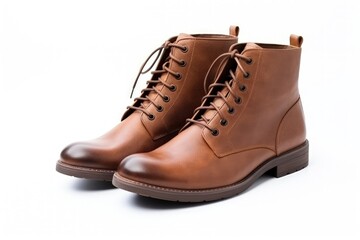 Brown leather boots for men on white background