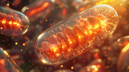 "ミトコンドリアの輝き：細胞の生命力を讃える暖かな色調のエネルギー生成"