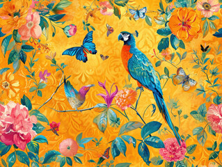 Vintage Hand drawn and Hand Painted Retro Vintage Style Fine Art canvas for wallpaper and background with Colorful Peacocks, birds, Flowers and plants, Nature-inspired and floral botanical, ornamental