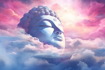 Buddha face in celestial heavens semi transparent eyes closed pink and blue sky background - obrazy, fototapety, plakaty