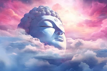 Foto op Aluminium Buddha face in celestial heavens semi transparent eyes closed pink and blue sky background © The Big L