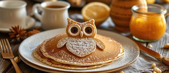 Breakfast of owl-shaped pancakes for children.