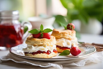 Selective focus on background sandwiches with classic English afternoon tea elements scones clotted cream jam strawberries - obrazy, fototapety, plakaty