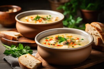 Selective Focus photograph of chicken and potato chowder soup with vegetables in bowls served with toasted bread