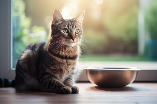 Selective focus on a beautiful tabby cat eating from a food bowl near the living room window