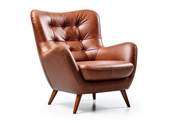 Side view of a white background isolated brown armchair