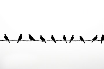 Silhouetted birds isolated on a white background perched on a barbed wire