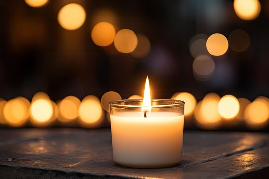 Single white candle in foreground illuminating darkness at night