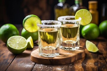 Tequila shots served with lime on bar table