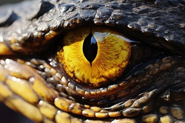 Terrifying dinosaur hunters stare at closeup yellow eyes
