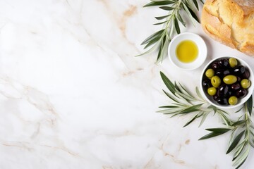 Obraz na płótnie Canvas Testing fresh olive oil on white marble background directly above