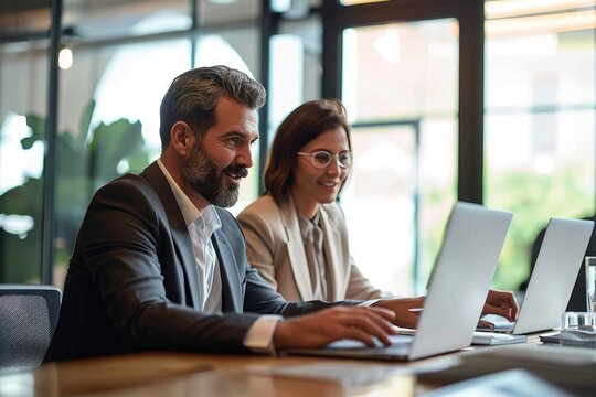 Two Successful Happy Professional Business Partners Executive Leaders Managers Wearing Suits Working In Office Looking At Computer Technology Discussing Digital Strategy Together, Generative AI 