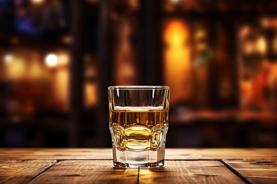 Tequila shot in a glass on a wooden table Blurry background Rustic bar vibe