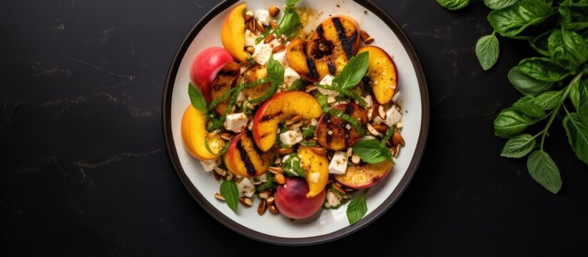 Top view of a salad with grilled stone fruit, feta cheese, basil, and peanuts. Copy space available.