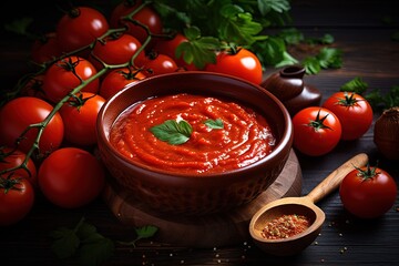 Tomato sauce filled bowl Wooden spoon Seasonings Sliced ripe cherry tomatoes - Powered by Adobe