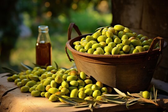 Tools used during olive harvesting season for extracting green fresh olives close up Traditional organic cultivation