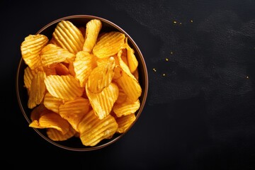 Top view of bowl with ridged potato chips on black background copy space available
