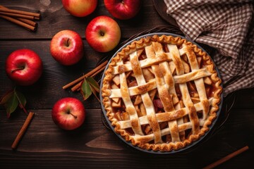 Top view of homemade organic apple pie on rustic background perfect for autumn Thanksgiving - obrazy, fototapety, plakaty