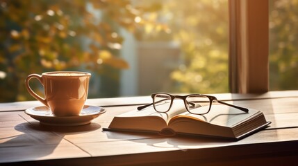 A Light colored books on a wooden table with a cup of coffee. reading glasses and a notebook and pen. Soft sunlight streams through the window. This creates a warm glow in the scene.
