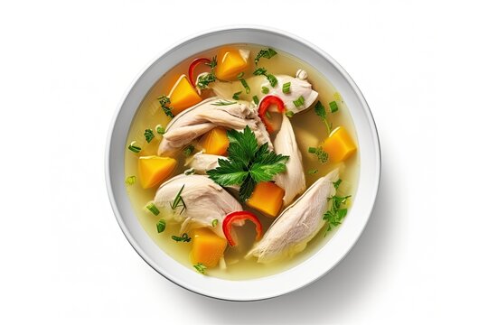 Top view of homemade healthy chicken or turkey soup with vegetables isolated on white background Copy space available