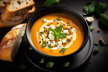 Top view of rustic metal plate with pumpkin soup topped with cream seeds bread and fresh basil on grunge black background