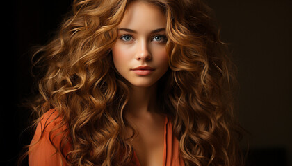 Beautiful woman with long curly hair, looking at camera confidently generated by AI