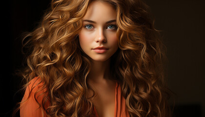 Fototapeta premium Beautiful woman with long curly hair, looking at camera confidently generated by AI