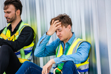 Two professional engineers or technician inspector are tired from working and checking to control...