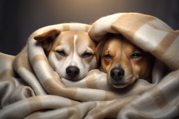 Two affectionate dogs snuggled up under a cozy blanket in bed