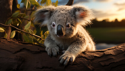 Fototapeta premium Cute koala sitting on eucalyptus tree branch generated by AI