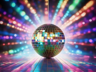 Disco Ball With Colorful Lights in Background, Vibrant Nightclub Decoration