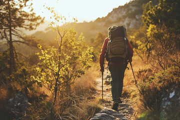 solo person backpacking hiking in the forest
