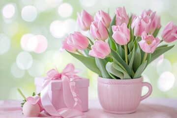 Pink Tulips in a Mug with Gift Box.
Pink tulips bouquet in a mug with a wrapped gift box on a bokeh background.