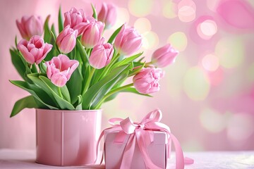 Tulip Arrangement with Pink Gift.
Vibrant pink tulip arrangement beside a gift with pink ribbon, soft backdrop.