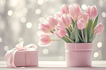 Pink Tulip Bouquet with Gift.
Pink tulip bouquet with matching gift on a sparkling bokeh background.