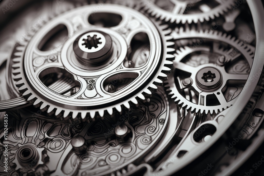 Wall mural close-up of intricate watch gears and cogs in monochrome, symbolizing precision and complexity.