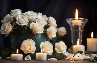 Obraz na płótnie Canvas bouquet of white roses on candlelit dinner table setting