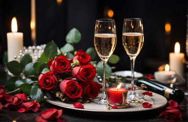 champagne and red roses candlelit dinner table set