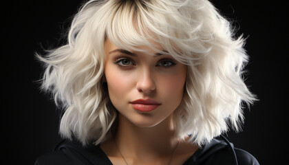 Fototapeta premium Beautiful blond woman with blue eyes, looking confidently at the camera generated by AI