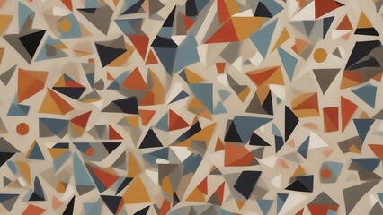 Abstract Geometric Pattern with Various Colored Triangles and Circles on a Light Background