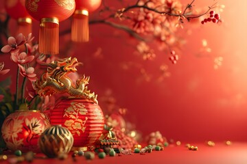 Fototapeta na wymiar Chinese New Year Decorations with Traditional Chinese Vase on Red Festive Background