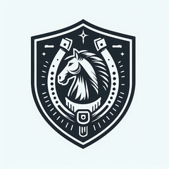 logo illustration of horse and horseshoe in shield, vintage emblem logo, ai generate