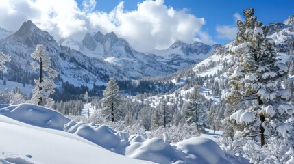 A winter scene featuring a stretch covered in snow, framed by snow-capped mountains and trees