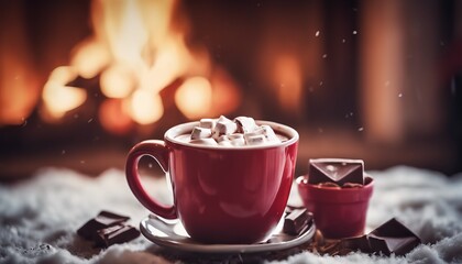 Fototapeta premium Cozy Winter Scene with Red Mug of Hot Chocolate, Marshmallows, Chocolate Pieces, and Warm Fireplace in Background