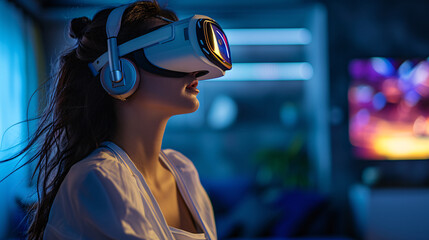 Striking image of a tech savvy woman deeply immersed in a virtual reality world, showcasing the cutting edge of entertainment technology and copy space.
