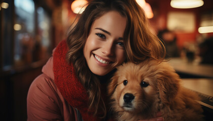 Smiling woman embraces cute dog in cozy home generated by AI