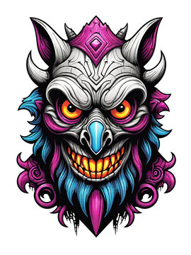 Gothic skull head with horns cartoon style illustration on transparent background